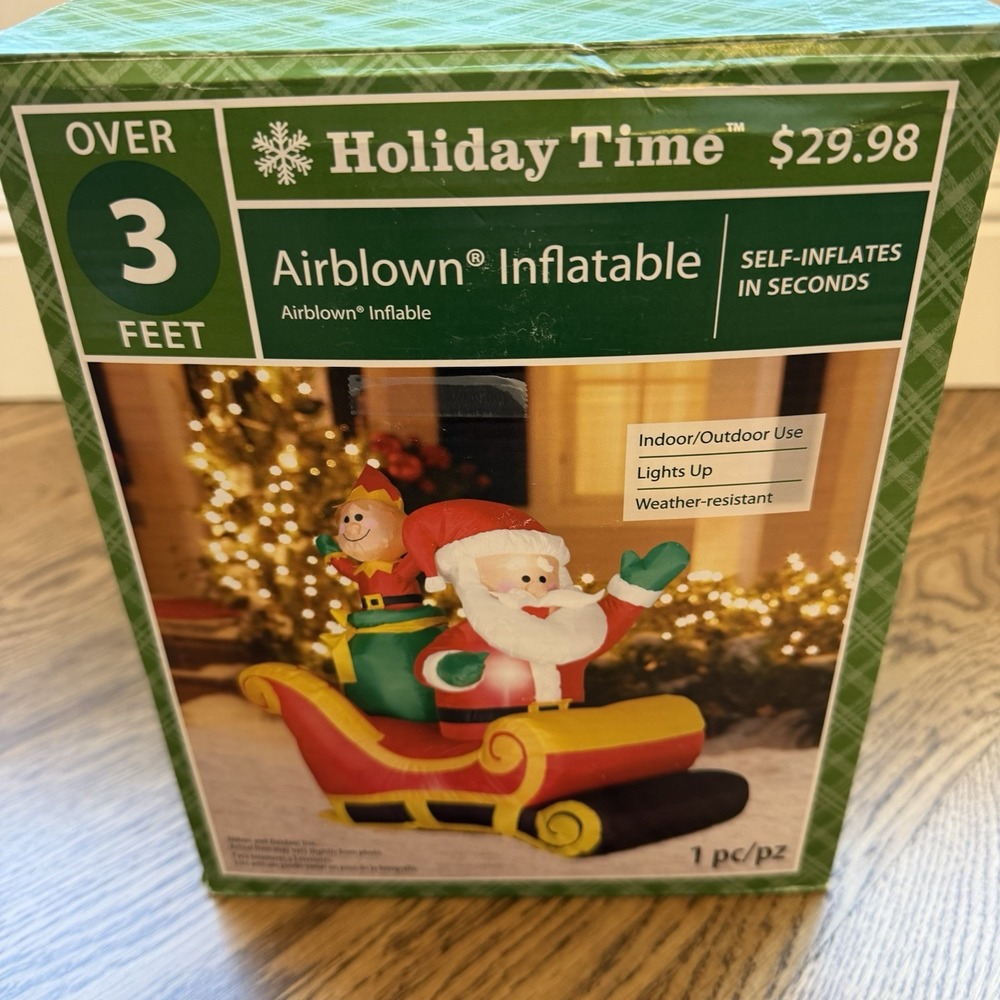 🎄 Holiday Time Airblown Inflatable Santa Sleigh 3ft Lighted Christmas